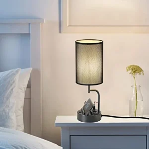 The Charge & Glow Table Lamp – Modern Bedside Lamp with 3 USB Ports, AC Outlet & Dual Phone Stands
